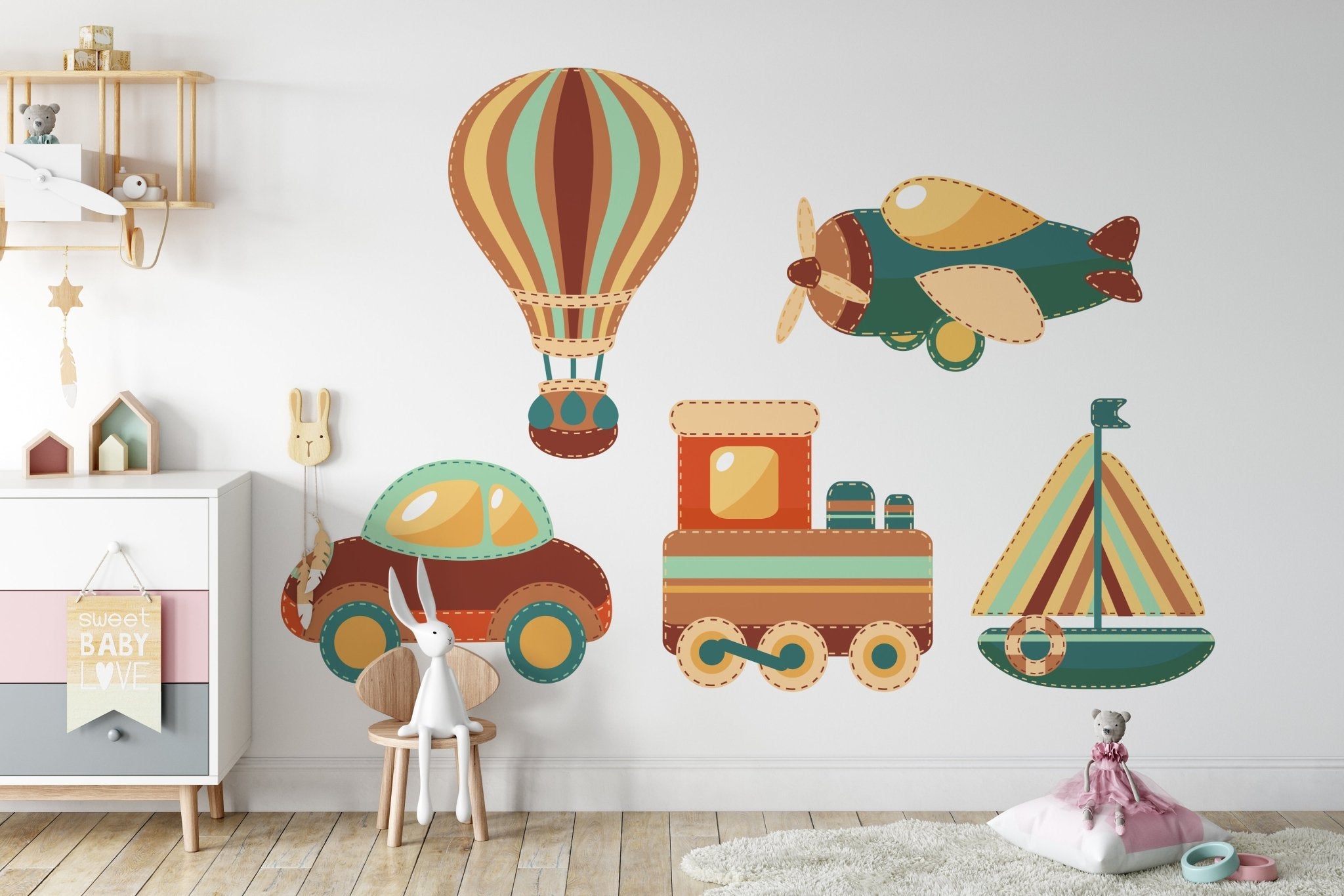 Big Vehicle Hot Air Balloon Plane Cars Boats – Wall Decal (Home Decor Decals) — removable wall decal by Tiny Tale Prints